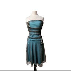 SPEECHLESS BROWN/TEAL STRAPLESS GLITTER MESH Y2K DRESS
